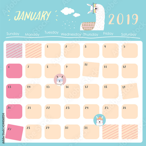 Cute monthly calendar 2019 with llama,rainbow and star for children.Can be used for web,banner,poster,label and printable