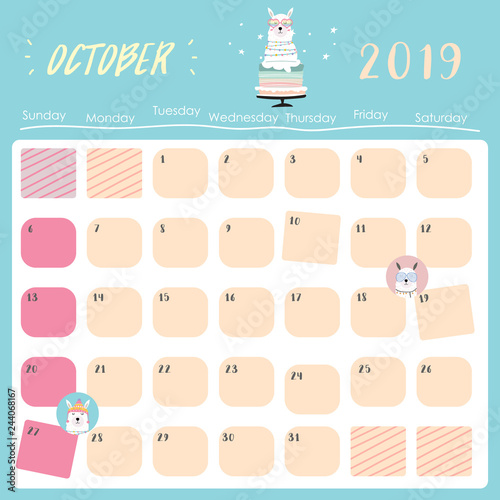 Cute monthly calendar 2019 with llama,rainbow and star for children.Can be used for web,banner,poster,label and printable