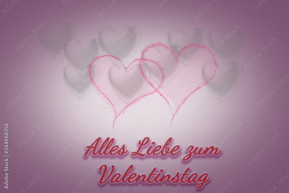 greeting card with different hearts in the background and the text Happy Valentines Day in German language