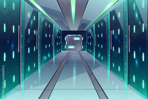 Vector cartoon corridor in a spaceship, datacenter with server racks. The illuminated passage in a shuttle, bright control room with database. Computer hardware, equipment inside of alien rocket.