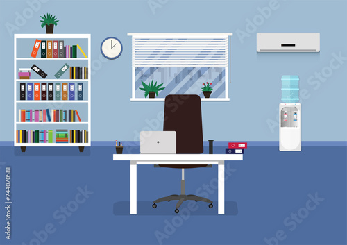 Flat office concept illustration. Chair, desk, vases, laptop, bookcase, window, clock, conditioner, cooler. Vector illustration. 