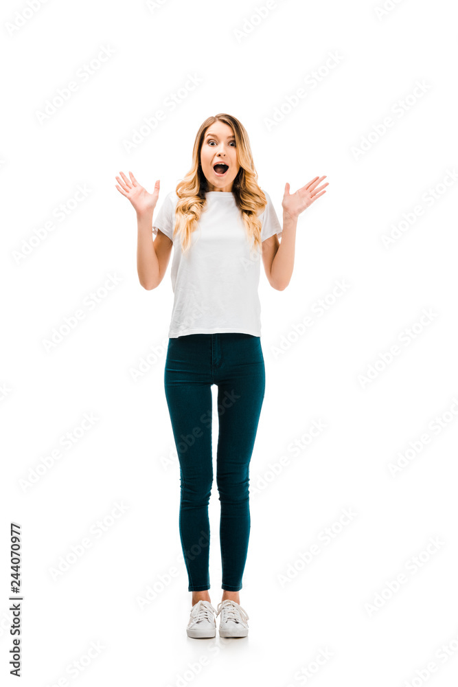 full length view of scared young woman with open moth looking at camera isolated on white full length view of scared young woman with open moth looking at camera isolated on white