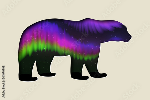 north arctic polar white bear in paper cut craft style with northern lights on night sky, stock vector illustration clip art