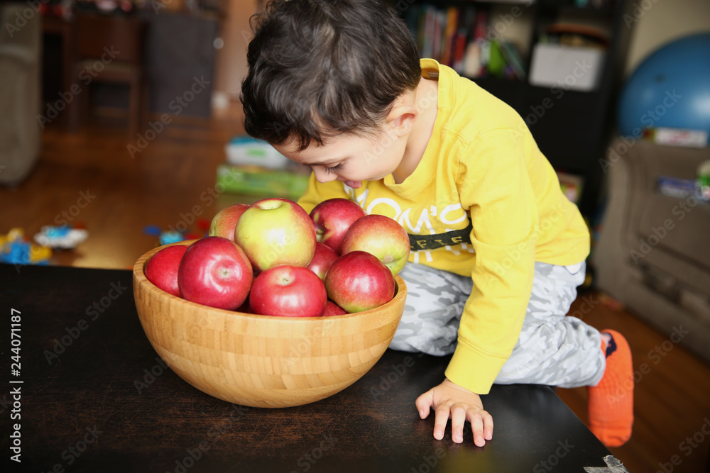 Fototapeta premium little boy three years old looks in an apple basket