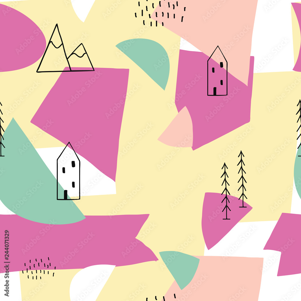Abstract shapes seamless collage pattern with dots, floral, round and angles and geometrical elements. Tileable modern wallpaper background for web, banners, cards, fabric, textile and surface design Abstract shapes seamless collage pattern with dots, floral, round and angles and geometrical elements. Tileable modern wallpaper background for web, banners, cards, fabric, textile and surface design