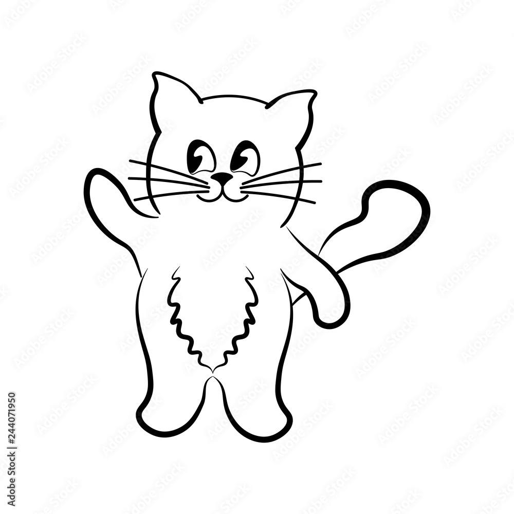 Obraz premium Positive cat waving foot in a black outline on a white background. 