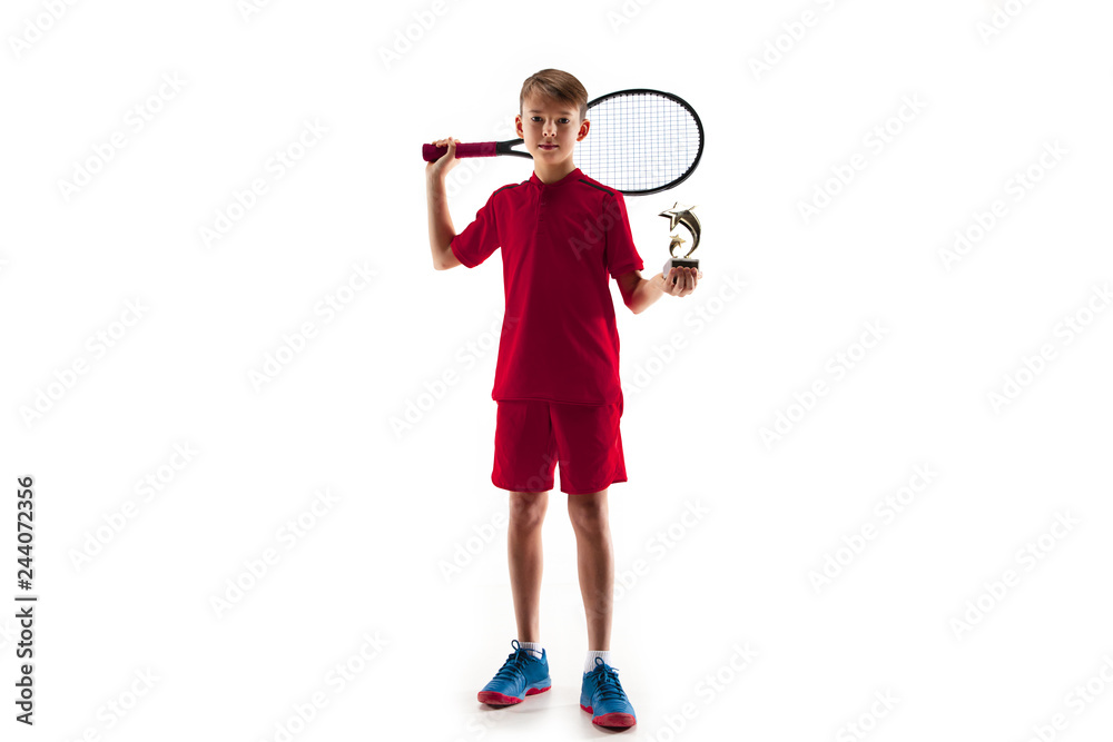Young teen boy tennis player in motion or movement isolated on white studio background. The sport, exercise, training concept Young teen boy tennis player in motion or movement isolated on white studio background. The sport, exercise, training concept