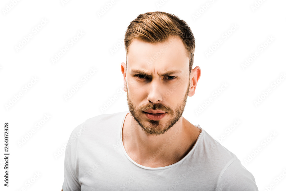 close-up view of handsome serious young man looking at camera isolated on white close-up view of handsome serious young man looking at camera isolated on white