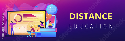 Professor with charts teaching students from laptop screen and globe. Distance education, off-campus learning, distance learning degree concept. Header or footer banner template with copy space.