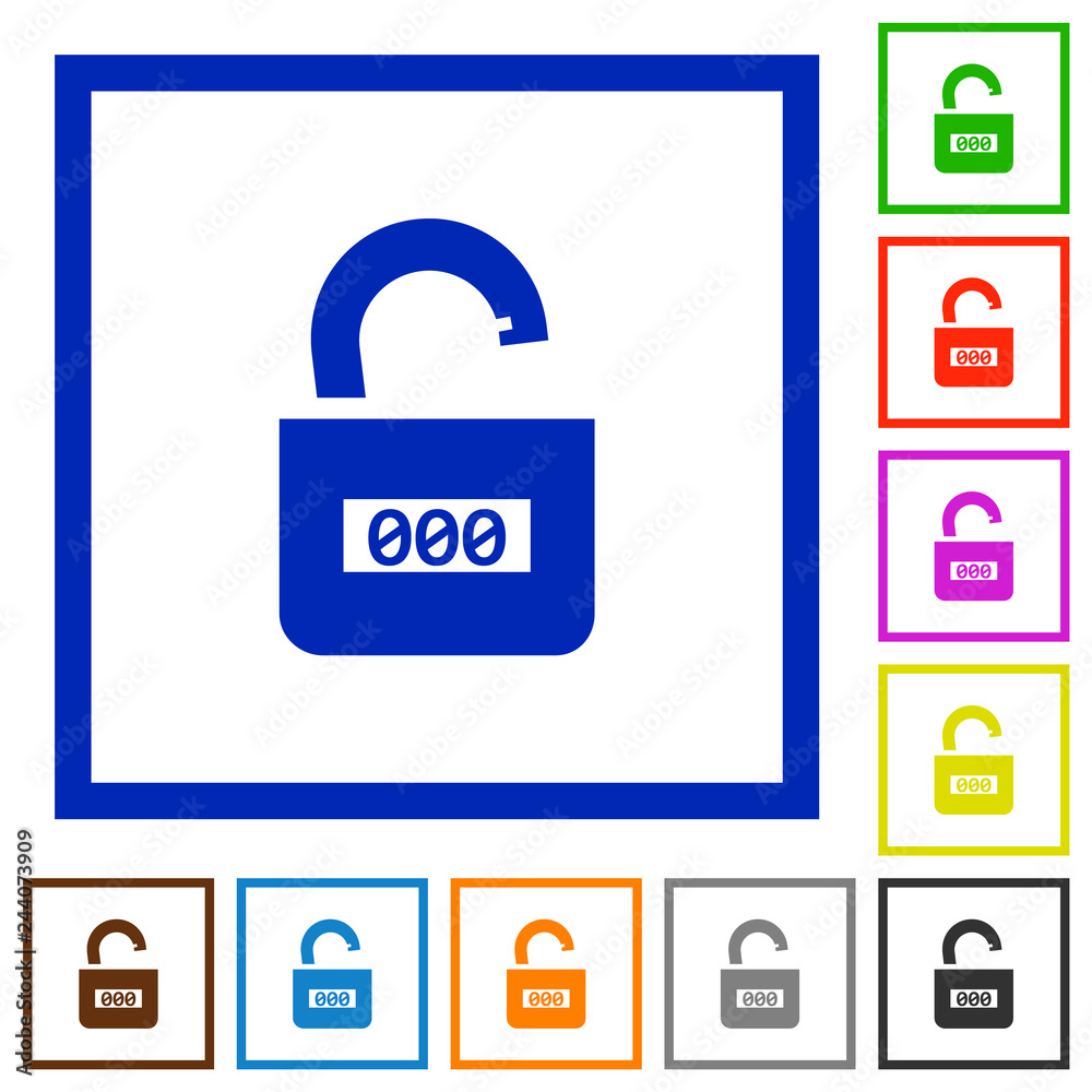 Unlocked combination lock with center numbers flat framed icons Unlocked combination lock with center numbers flat framed icons