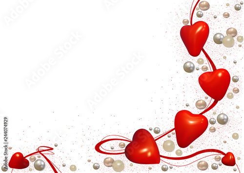 Valentine Background with Hearts and Pearls and Red Glittering Decoration - Colored Illustration, Vector