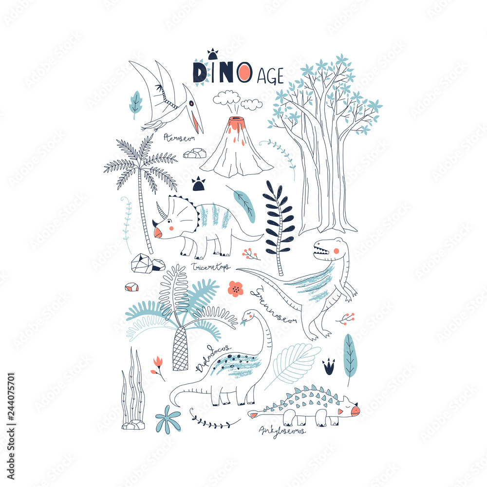 hand drawn Dinosaurs and prehistoric nature elements summer vector illustration. Perfect for kids t-shirt print, children fashion wear, wall art posters