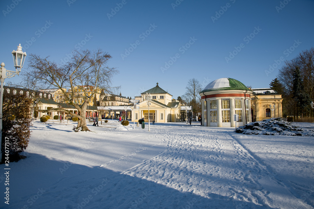 Pedestrian precinct - center of resort Frantiskovy Lazne (Franzensbad) in winter - great Bohemian spa town is situated north of historical city Cheb in the west part of the Czech Republic