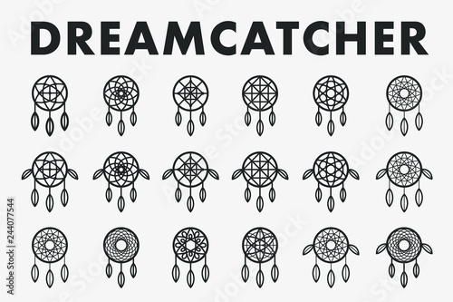 Dreamcatcher Indian Ethnic Feather Ornament. Vector Flat Line Stroke Icon Set Collection. Dream Catcher Magic Symbol. 
