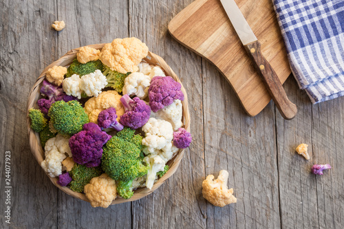 Cut cauliflower of different types and different colors