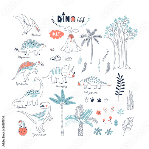 hand drawn Dinosaurs and prehistoric nature elements summer vector illustration. Perfect for kids t-shirt print, children fashion wear, wall art posters