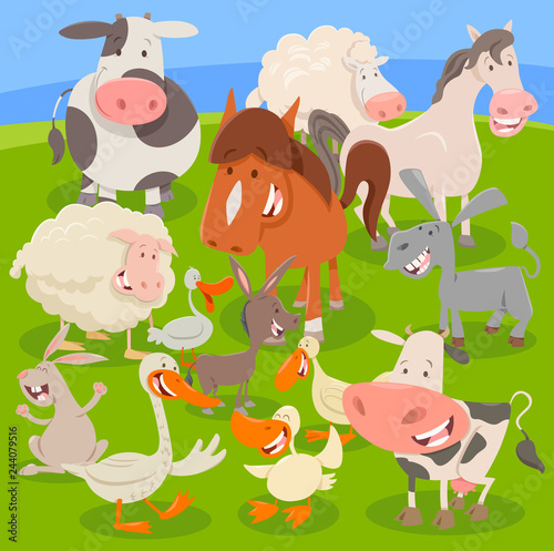 farm animals on meadow cartoon illustration