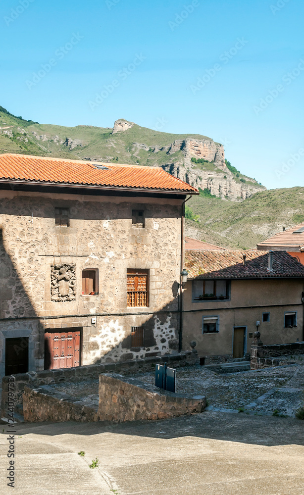 Street of Vinuesa a rural town of the province of Soria in Spain on a sunny day.