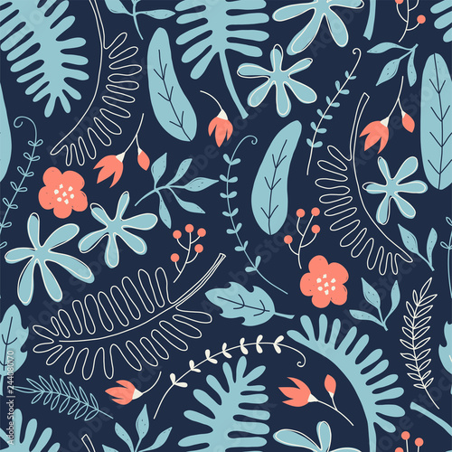 Hand drawn seamless pattern with tropical leaves and flowers. Perfect for kids fabric, textile, nursery wallpaper.