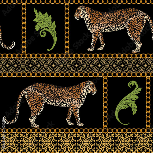 Baroque seamless pattern with leopard and gold chain. Fashion vintage ornament. Animal vector print