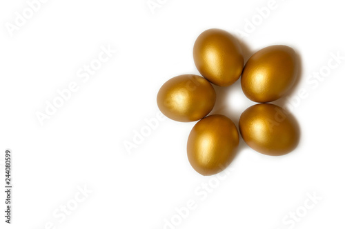 easter golden eggs, golden eggs, white background, copy space
