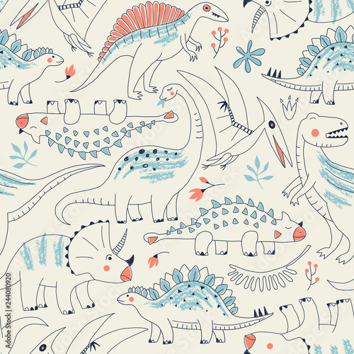 Childish seamless pattern with hand drawn dino in scandinavian style. Creative vector kid-like background for fabric, textile, apparel and more