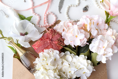 box, gift, flowers, hydrangea, Magnolia, necklace, perfume, top view