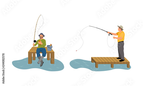 Fishing Men on Wooden Pier Vector Illustration