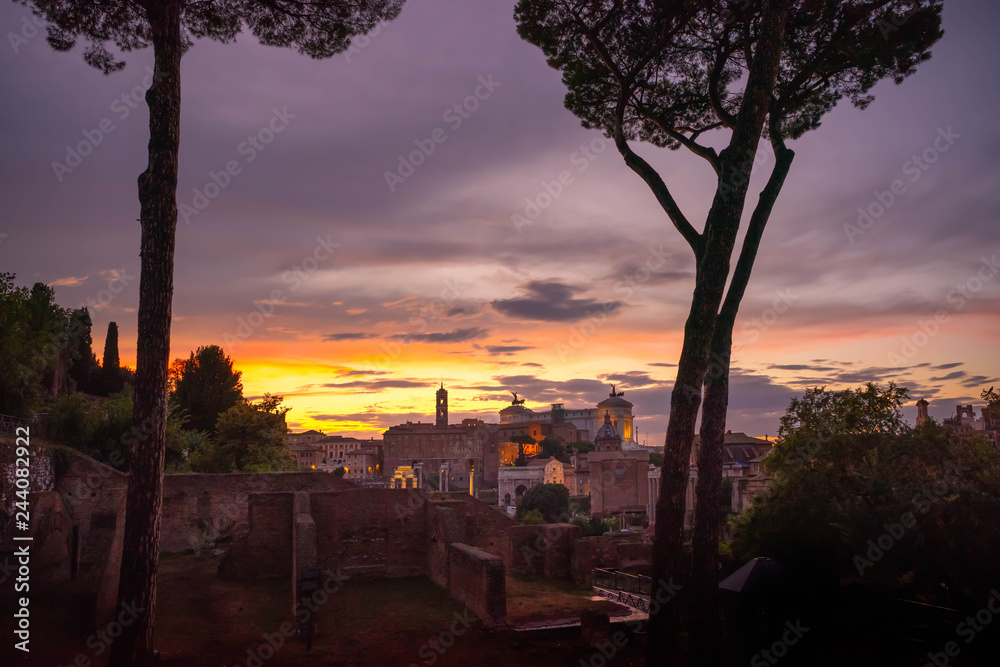 View from the Great Colosseum. Sights of Rome at sunset. Rome, Lazio region, Italy.