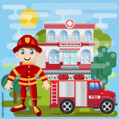 Cute fireman on the background of the fire station. Vector illustration. 