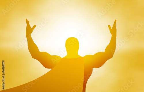 Yellow silhouette of a superhero on a yellow background in the sunlight, hands in the air, jubilation, explosion, sunrise