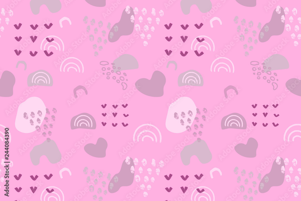 Pink abstract modern and stylish digital background with different shapes. Memphis pink pattern. Creative forms.