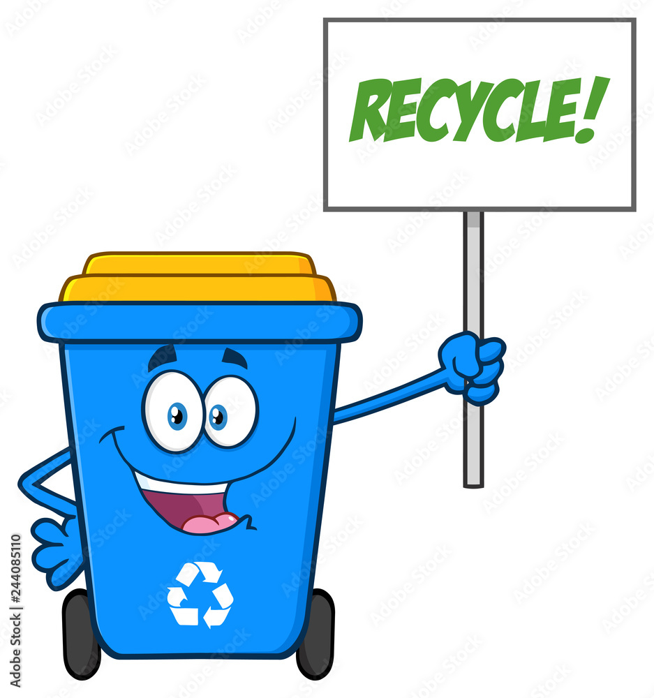 Blue Recycle Bin Cartoon Mascot Character Holding Up A Recycle Sign ...