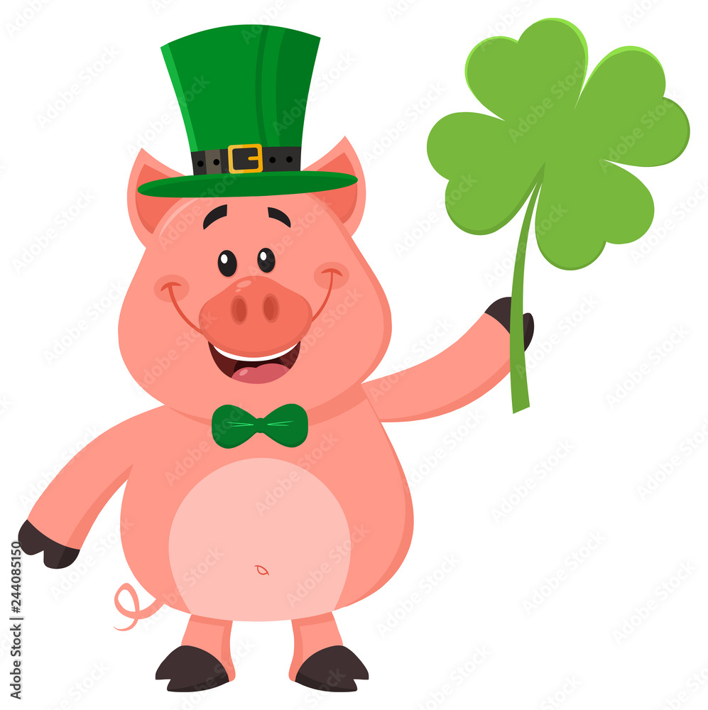 Happy Leprechaun Pig Cartoon Character Holding Leaf Clover. Vector Illustration Flat Design Isolated On White Background Happy Leprechaun Pig Cartoon Character Holding Leaf Clover. Vector Illustration Flat Design Isolated On White Background