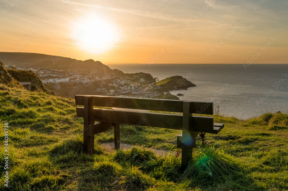 Bench with a view: Looking from Hillsborough Hill towards Ilfracombe, Devon, England, UK