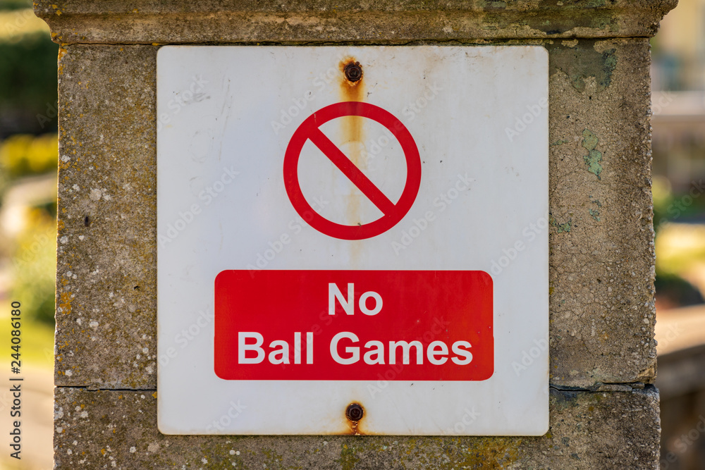 Sign: No ball games, seen in Ilfracombe, Devon, England, UK Sign: No ball games, seen in Ilfracombe, Devon, England, UK