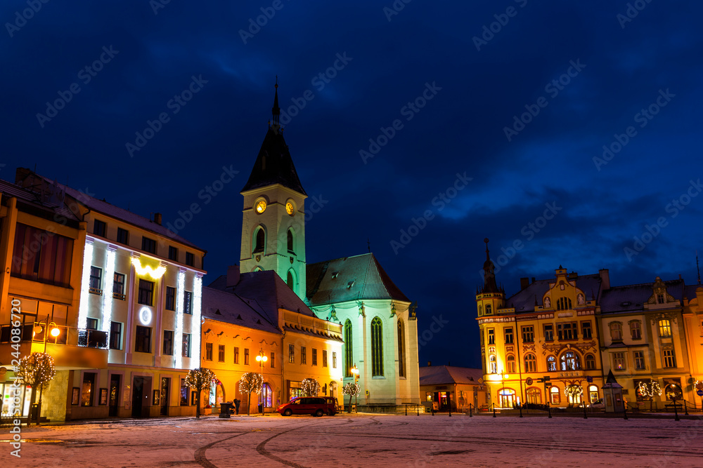 Center of Vodnany in winter night, Czech republic.