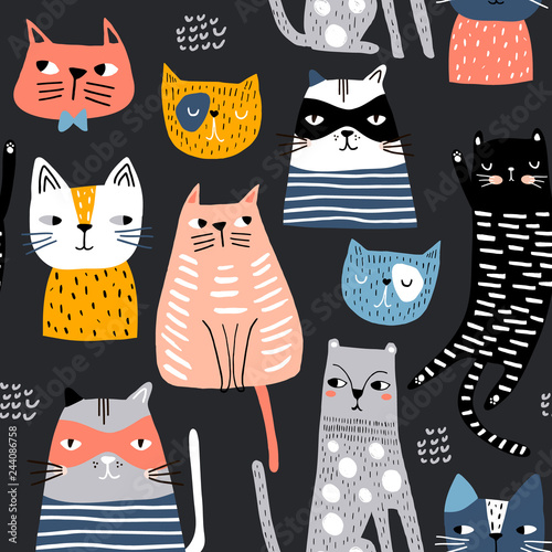 Seamless pattern with cute Kittens in diferent style. Creative childish texture. Great for fabric, textile Vector Illustration