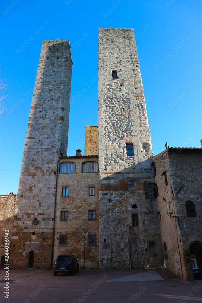Two medieval towers of San Gimignano old town, Tuscany, Italy
