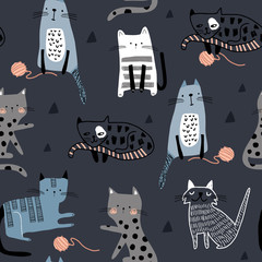 Acrylglasbilder Katzenmuster Verspielte Katzen mit Wollknäueln  © solodkayamari
