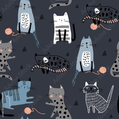 Seamless pattern with different funny cats and balls of yarn. Creative childish texture. Great for fabric, textile Vector Illustration