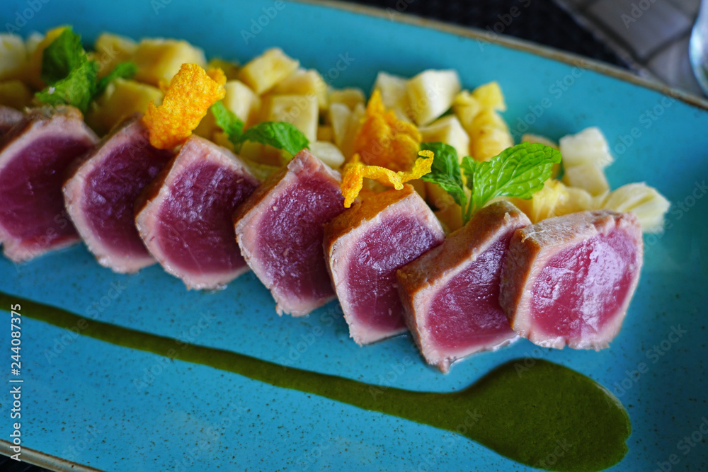 Seared fresh tuna fish with fruit salsa Seared fresh tuna fish with fruit salsa