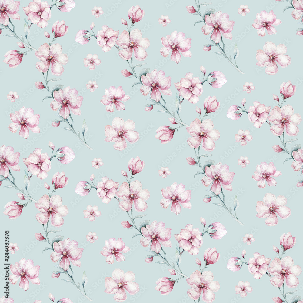 Seamless pattern of blossom pink cherry flowers in watercolor style with white background. Summer blooming japanese sakura branch decoration