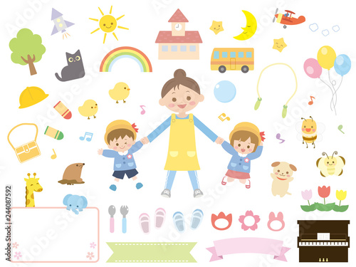 かわいい園児と先生のイラスト素材
