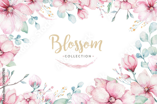 wreath of blossom pink cherry flowers in watercolor style with white background. Set of summer blooming japanese sakura branch decoration