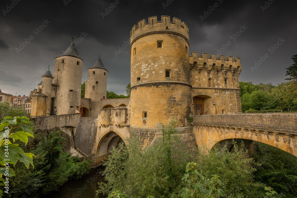 Porte des Allemands (German's Gate) in Metz, France with very dark clouds, just before a thunderstorm