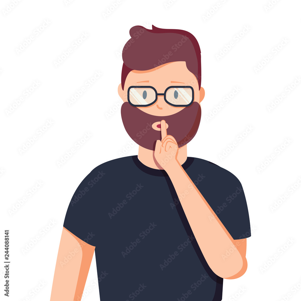 Shh Gesture is quieter. The concept of male secret. A man asks for silence. Vector illustration in cartoon style.