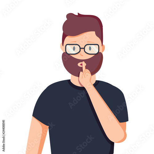 Shh Gesture is quieter. The concept of male secret. A man asks for silence. Vector illustration in cartoon style.