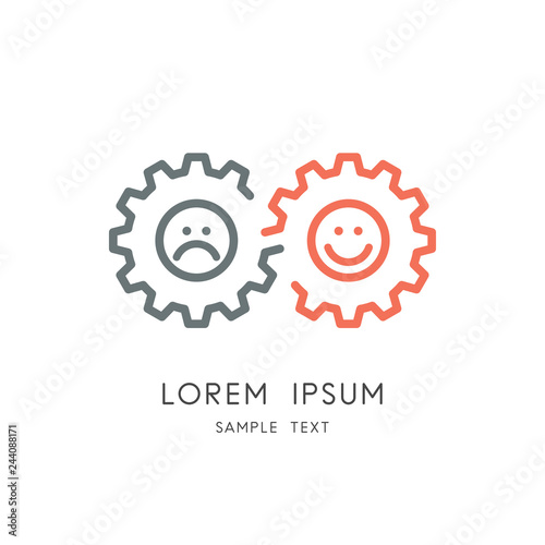 Mood change logo - couple of gear wheels with happy and sad faces, toothing and infinity symbol. Positive and negative emotions, glad and sorrow, fun and anger vector icon.