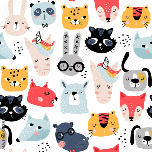 Seamless childish pattern with funny animals faces . Creative scandinavian kids texture for fabric, wrapping, textile, wallpaper, apparel. Vector illustration